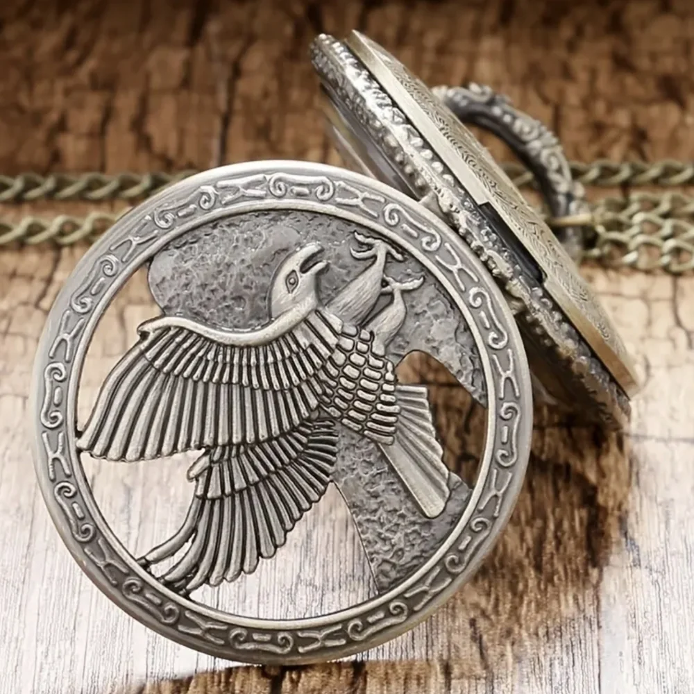 New Eagle Pocket Watch Hollow Flying Hawk Carving Necklace Chain, T1MIS